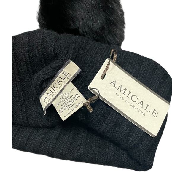 Amicale Cashmere Beanie Ribbed Knit Pom Black New - Picture 3 of 3